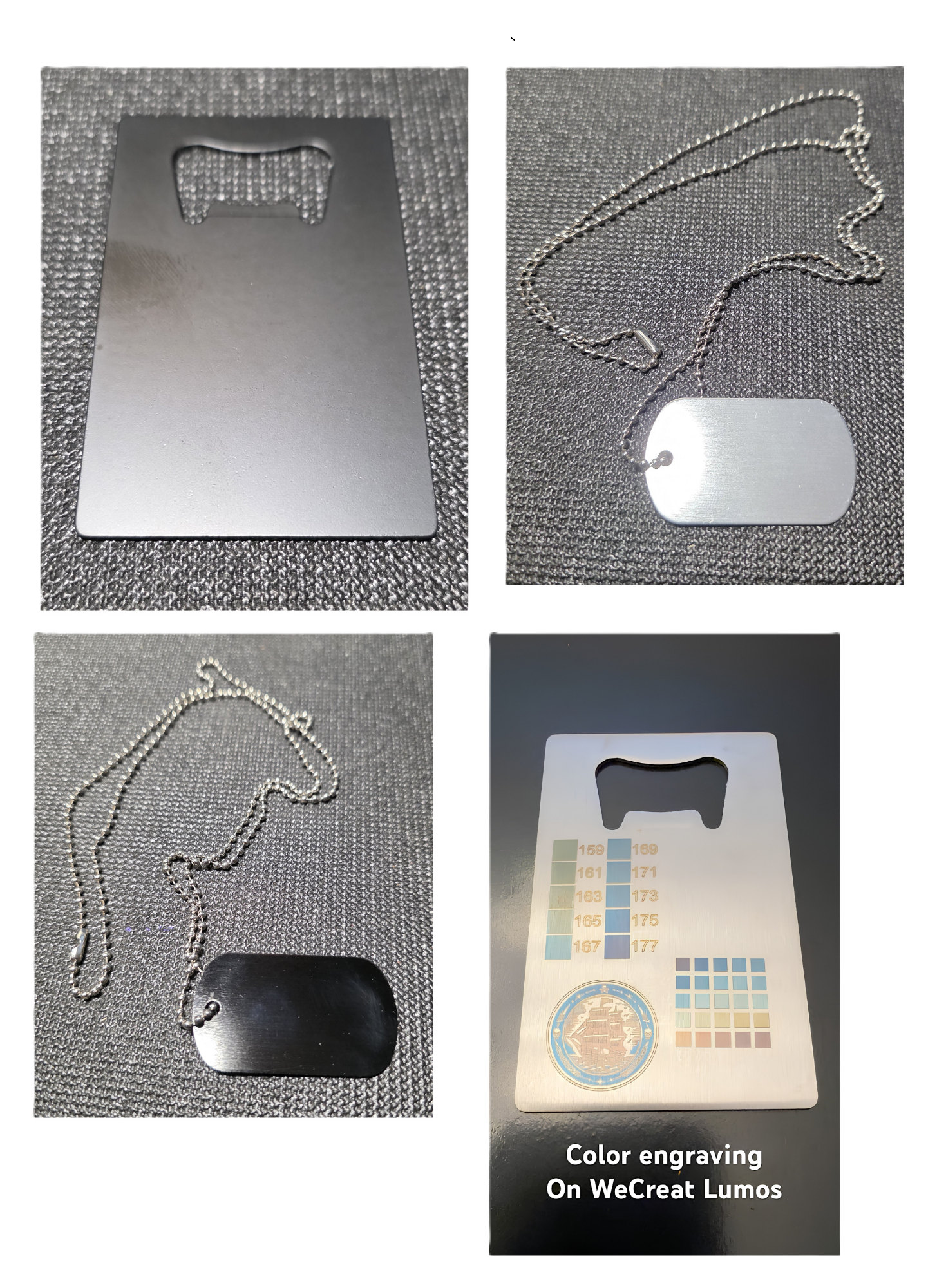 Metal color engraving sample with color swatches and a ship emblem.